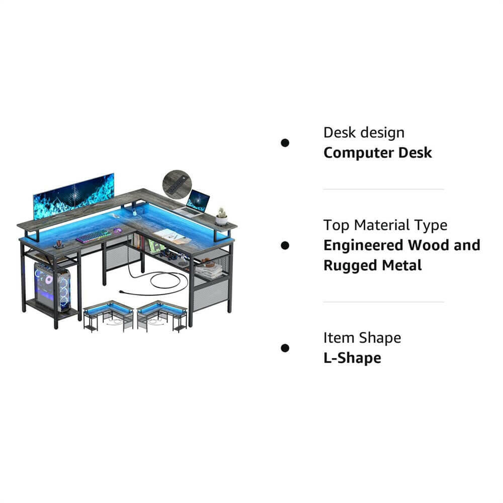 Unikito Reversible L Shaped Desk with LED Light Strip, Power Outlets, and USB Charging Ports, Easy to Assemble