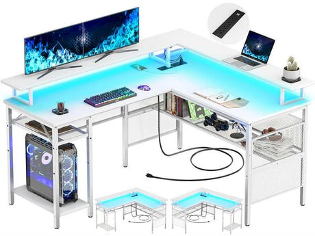 Unikito Reversible L Shaped Desk with LED Light Strip, Power Outlets, and USB Charging Ports, Easy to Assemble