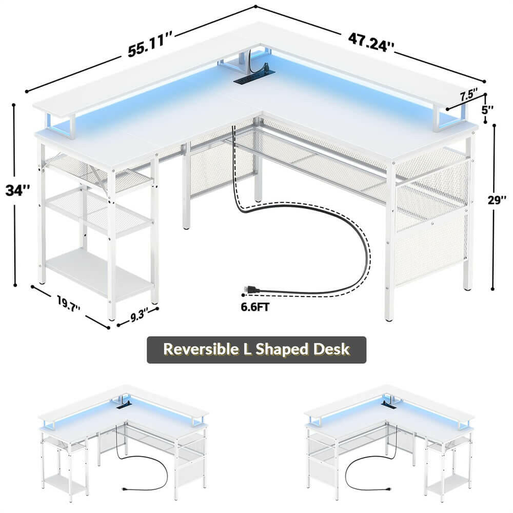 Unikito Reversible L Shaped Desk with LED Light Strip, Power Outlets, and USB Charging Ports, Easy to Assemble
