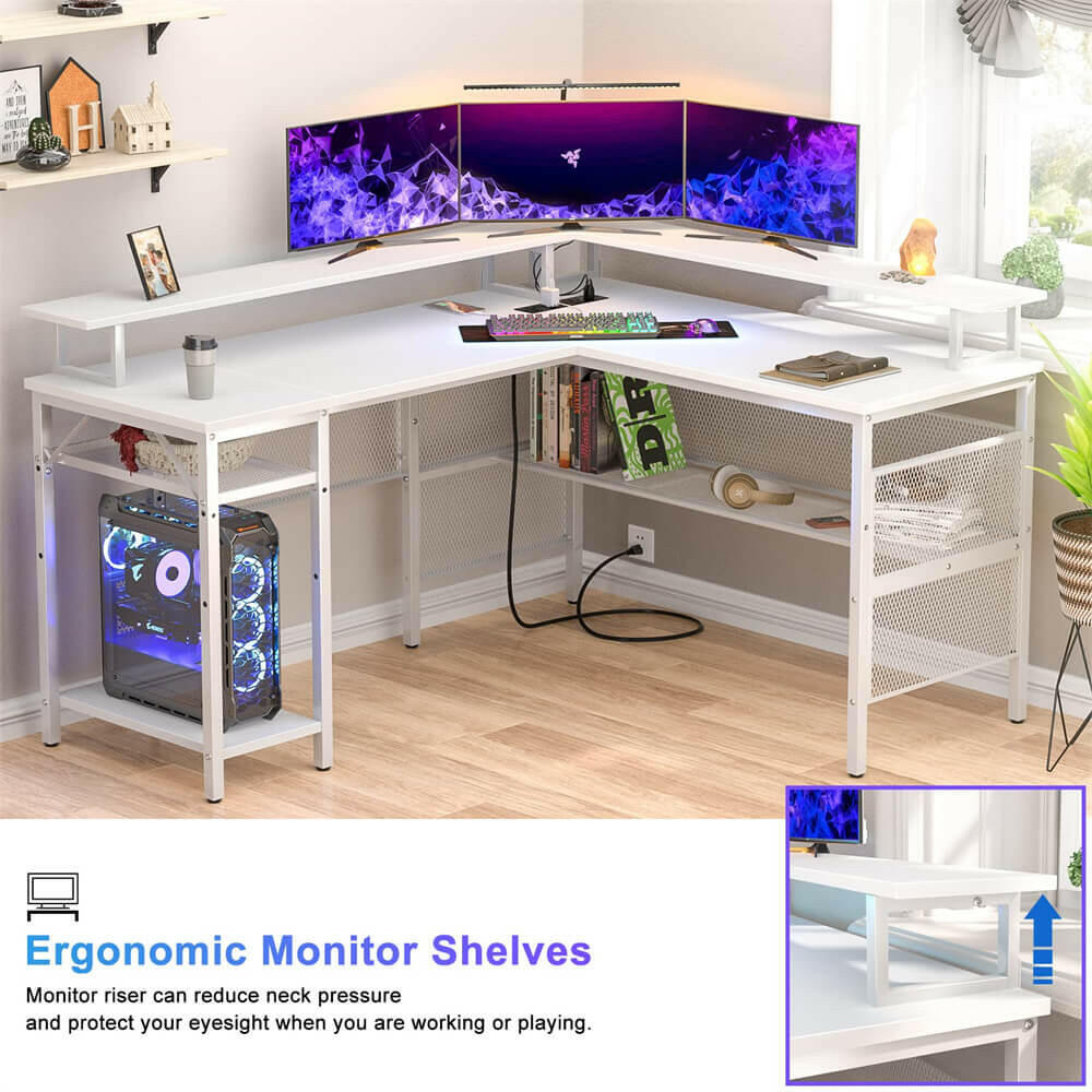 Unikito Reversible L Shaped Desk with LED Light Strip, Power Outlets, and USB Charging Ports, Easy to Assemble