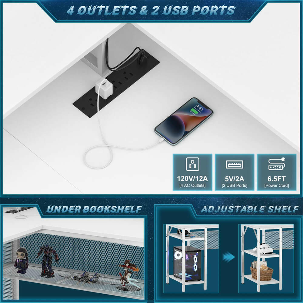 Unikito Reversible L Shaped Desk with LED Light Strip, Power Outlets, and USB Charging Ports, Easy to Assemble