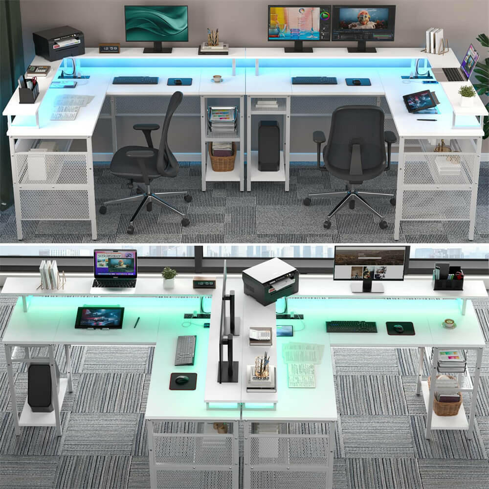 Unikito Reversible L Shaped Desk with LED Light Strip, Power Outlets, and USB Charging Ports, Easy to Assemble