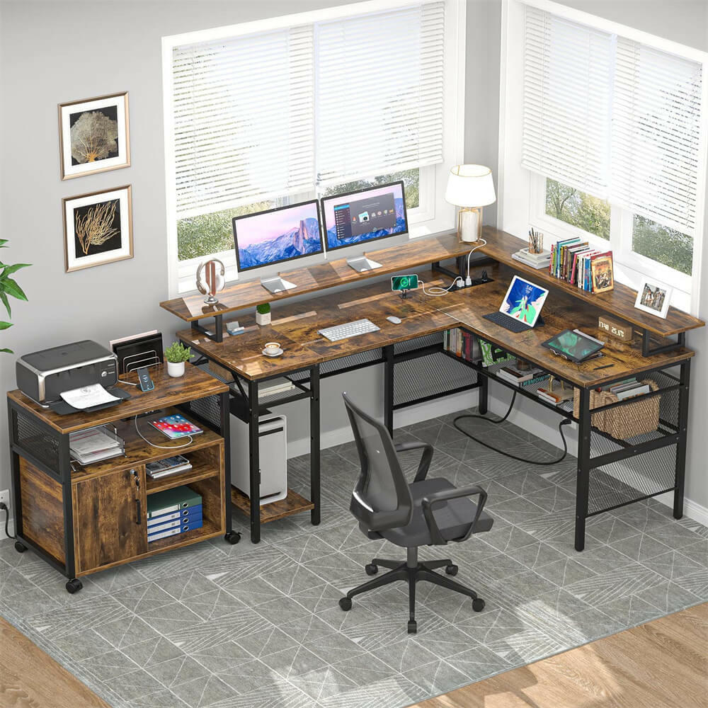 Unikito Reversible L Shaped Desk with LED Light Strip, Power Outlets, and USB Charging Ports, Easy to Assemble
