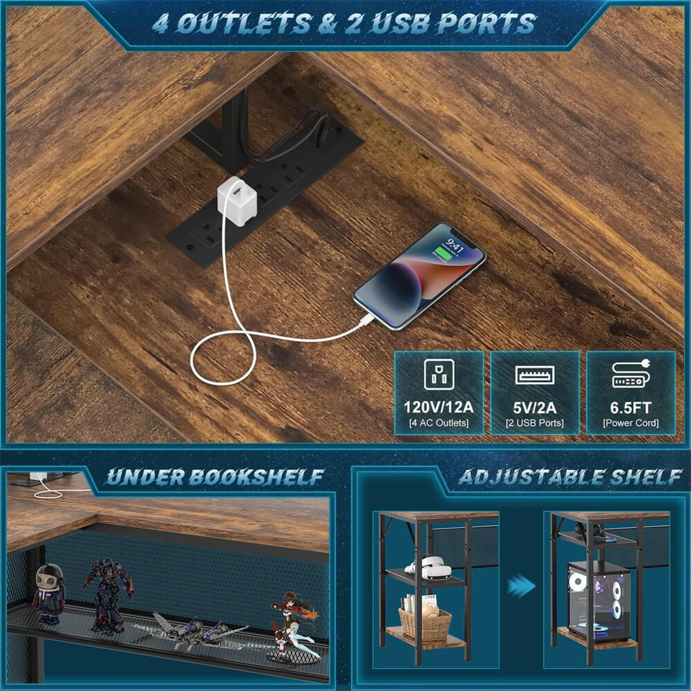 Unikito Reversible L Shaped Desk with LED Light Strip, Power Outlets, and USB Charging Ports, Easy to Assemble