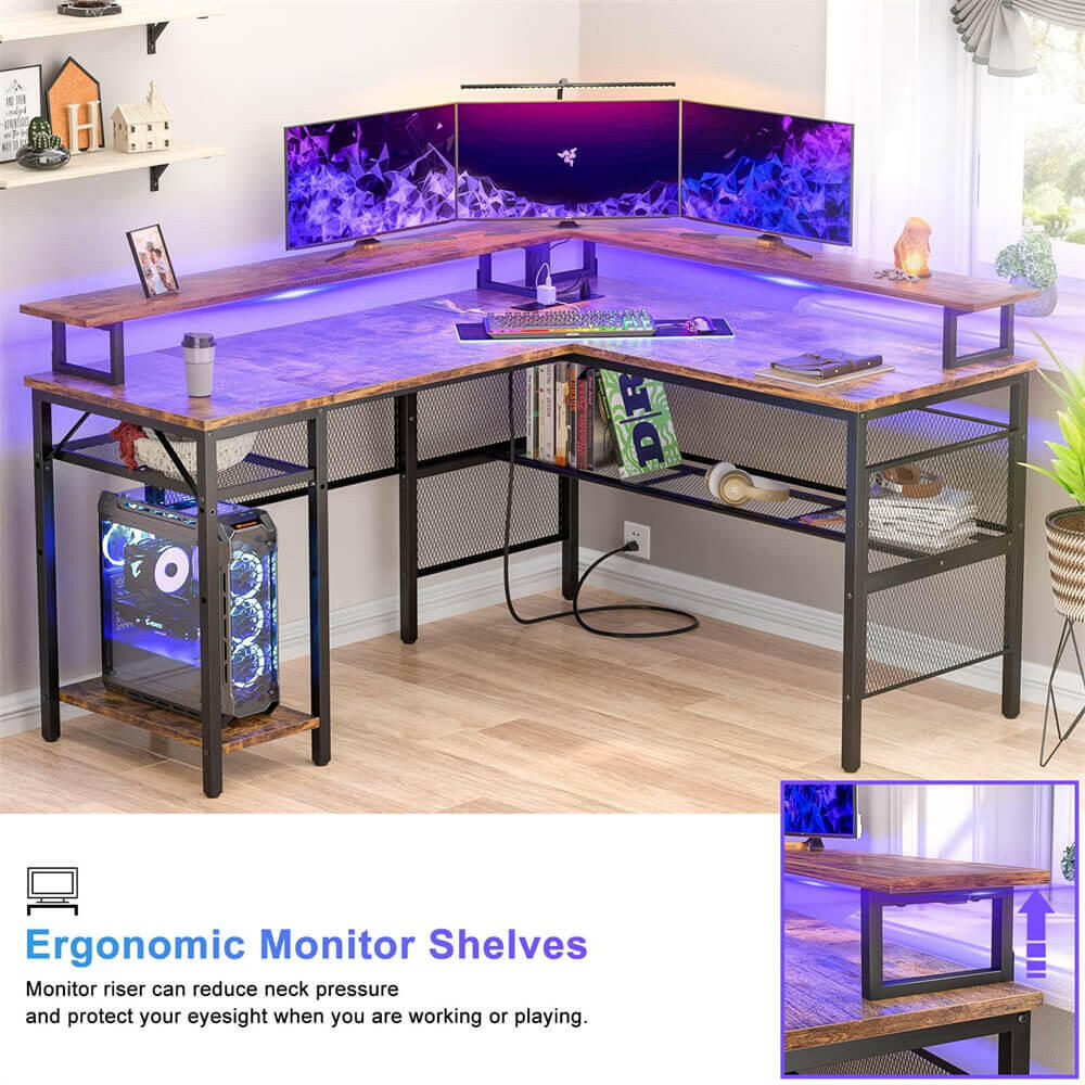 Unikito Reversible L Shaped Desk with LED Light Strip, Power Outlets, and USB Charging Ports, Easy to Assemble