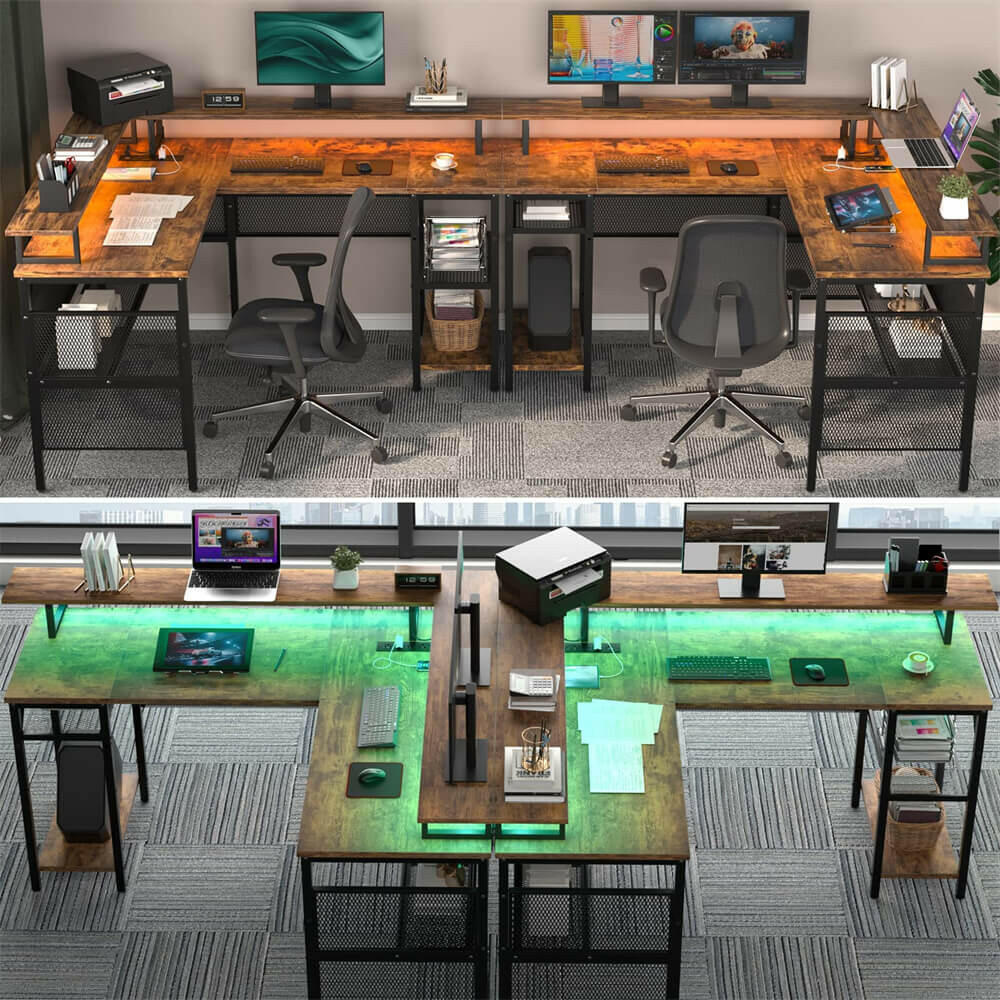 Unikito Reversible L Shaped Desk with LED Light Strip, Power Outlets, and USB Charging Ports, Easy to Assemble