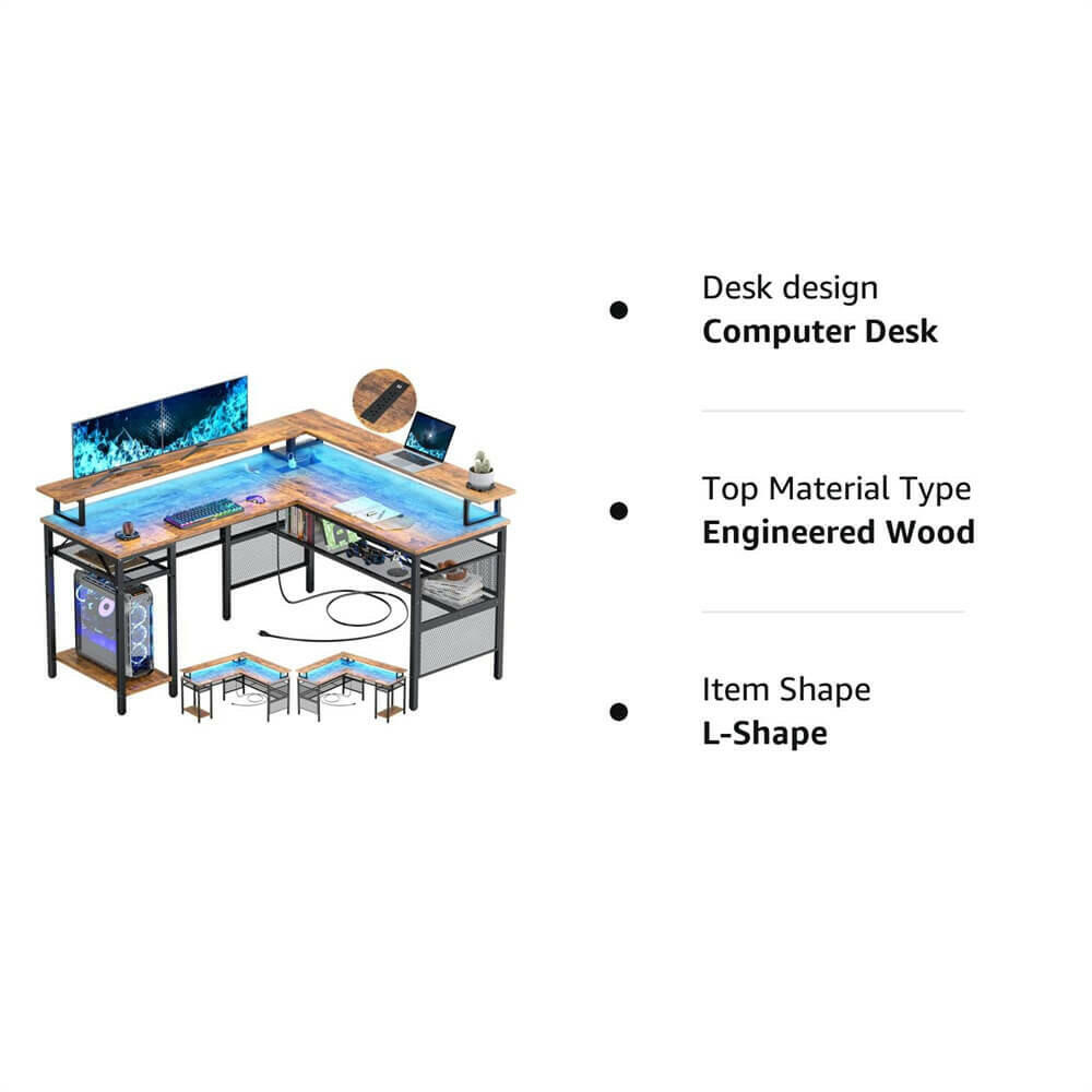 Unikito Reversible L Shaped Desk with LED Light Strip, Power Outlets, and USB Charging Ports, Easy to Assemble