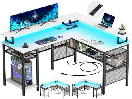 Unikito Reversible L Shaped Desk with LED Light Strip, Power Outlets, and USB Charging Ports, Easy to Assemble