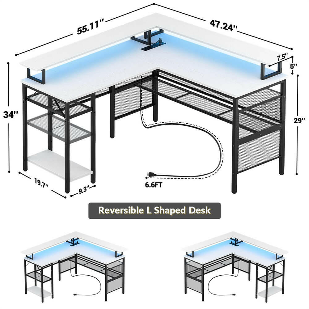 Unikito Reversible L Shaped Desk with LED Light Strip, Power Outlets, and USB Charging Ports, Easy to Assemble