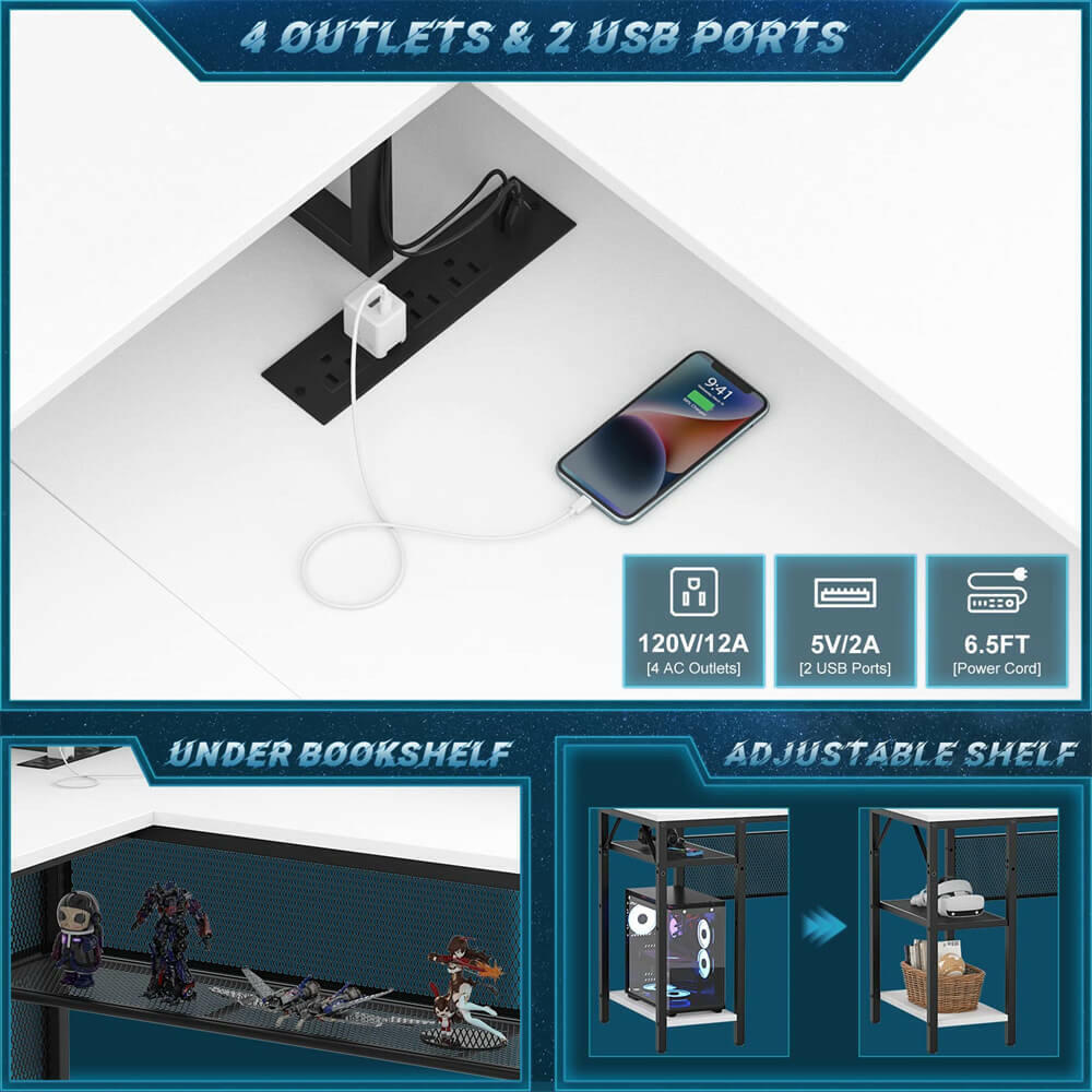 Unikito Reversible L Shaped Desk with LED Light Strip, Power Outlets, and USB Charging Ports, Easy to Assemble