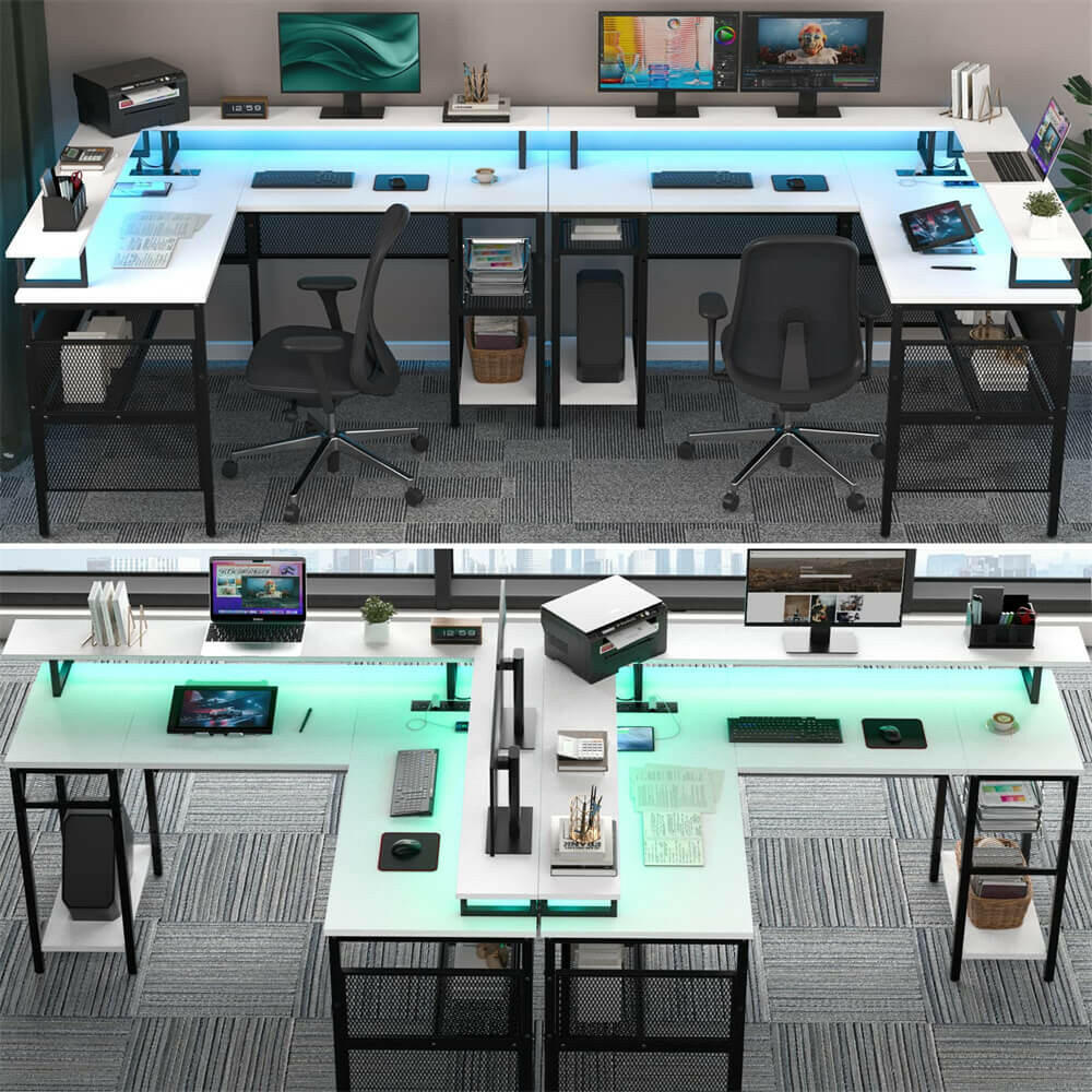 Unikito Reversible L Shaped Desk with LED Light Strip, Power Outlets, and USB Charging Ports, Easy to Assemble