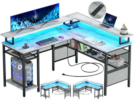 Unikito Reversible L Shaped Desk with LED Light Strip, Power Outlets, and USB Charging Ports, Easy to Assemble