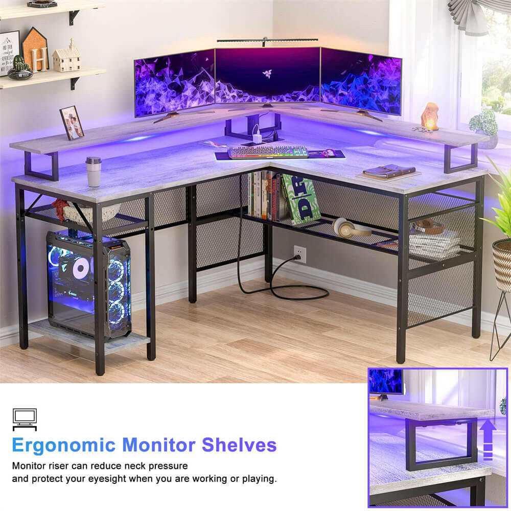 Unikito Reversible L Shaped Desk with LED Light Strip, Power Outlets, and USB Charging Ports, Easy to Assemble