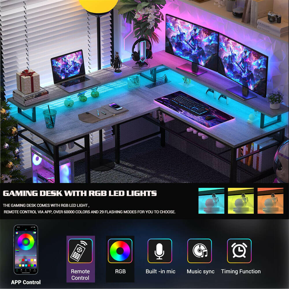 Unikito Reversible L Shaped Desk with LED Light Strip, Power Outlets, and USB Charging Ports, Easy to Assemble