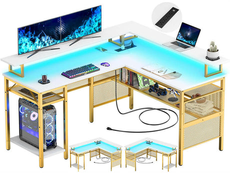 Unikito Reversible L Shaped Desk with LED Light Strip, Power Outlets, and USB Charging Ports, Easy to Assemble