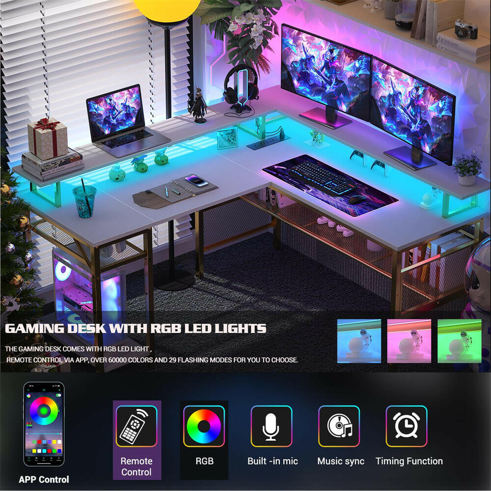 Unikito Reversible L Shaped Desk with LED Light Strip, Power Outlets, and USB Charging Ports, Easy to Assemble