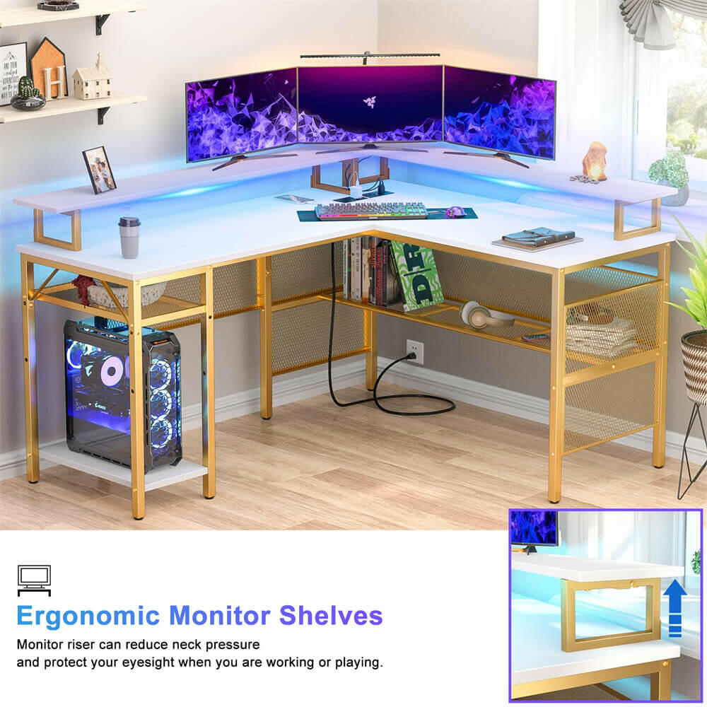 Unikito Reversible L Shaped Desk with LED Light Strip, Power Outlets, and USB Charging Ports, Easy to Assemble
