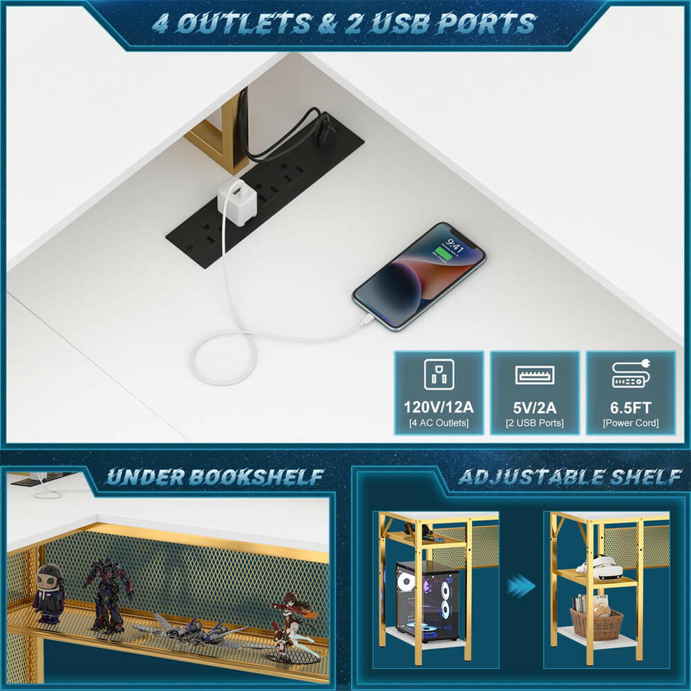 Unikito Reversible L Shaped Desk with LED Light Strip, Power Outlets, and USB Charging Ports, Easy to Assemble