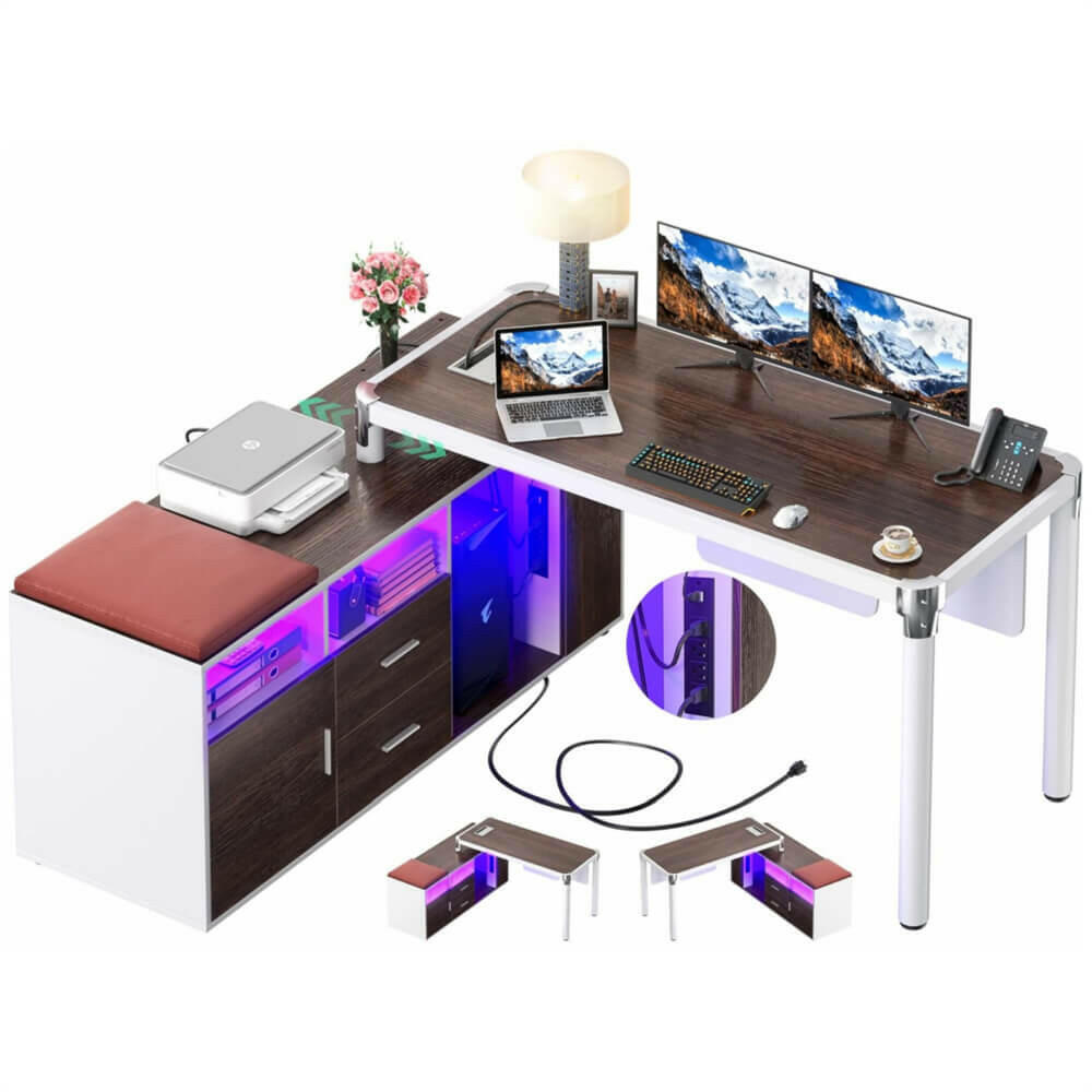 Unikito L Shaped Desk with File Cabinet and Power Strip, Reversible Corner Office Desk with LED Lights, Large L-Shaped Computer Desk with Drawer and Storage for Home Office, Soft Cushion