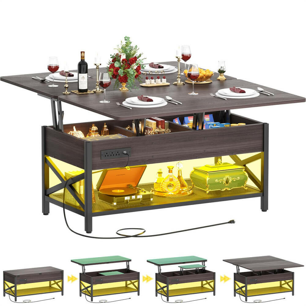Lift Top Coffee Table, with Storage, LED Lights, and Power Outlets, for Living Room