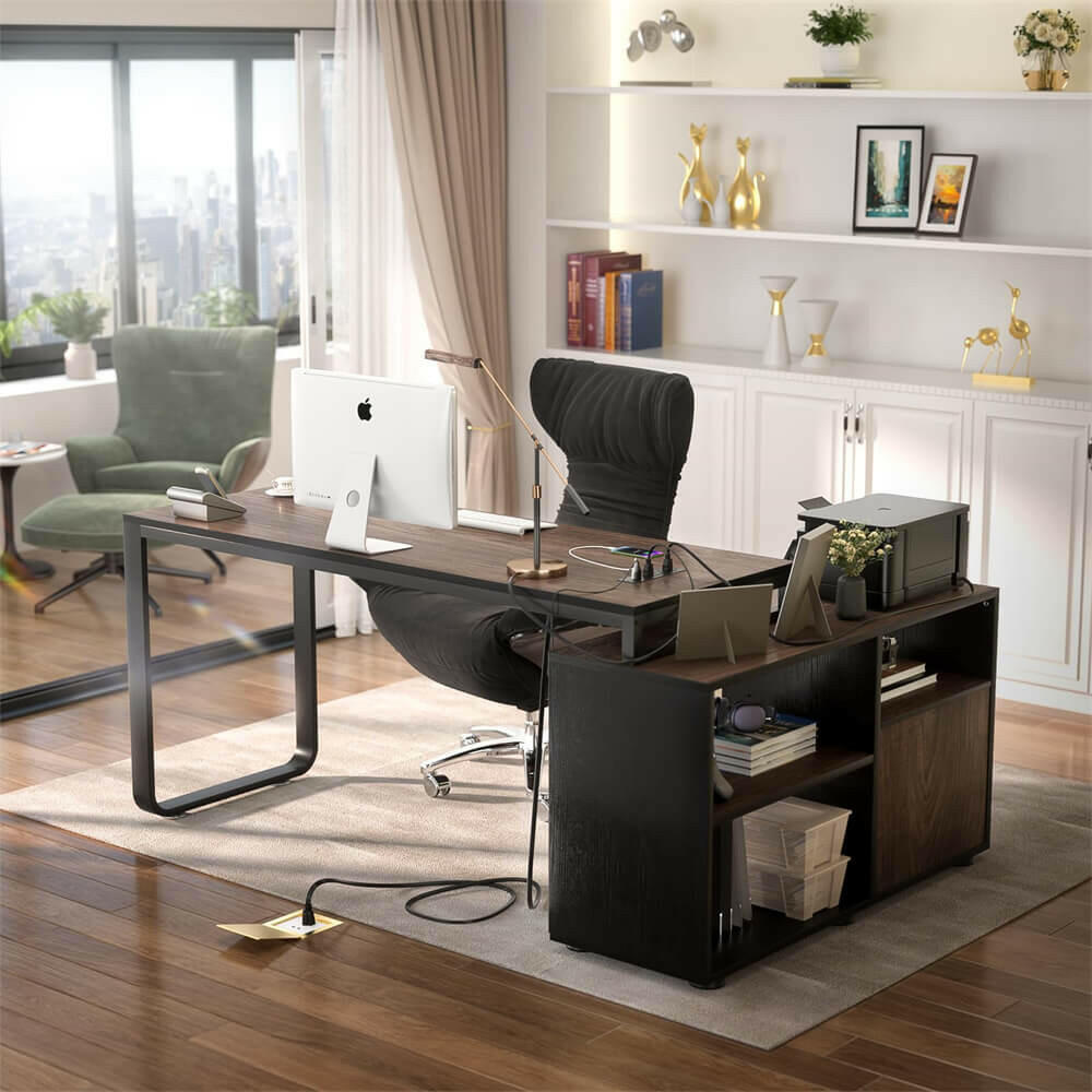 Unikito L Shaped Desk with File Cabinet & Power Outlet, Reversible 55 Inch Large Corner Computer Desks with LED Strip, L-Shaped Computer Desk with Drawers and Storage Shelves