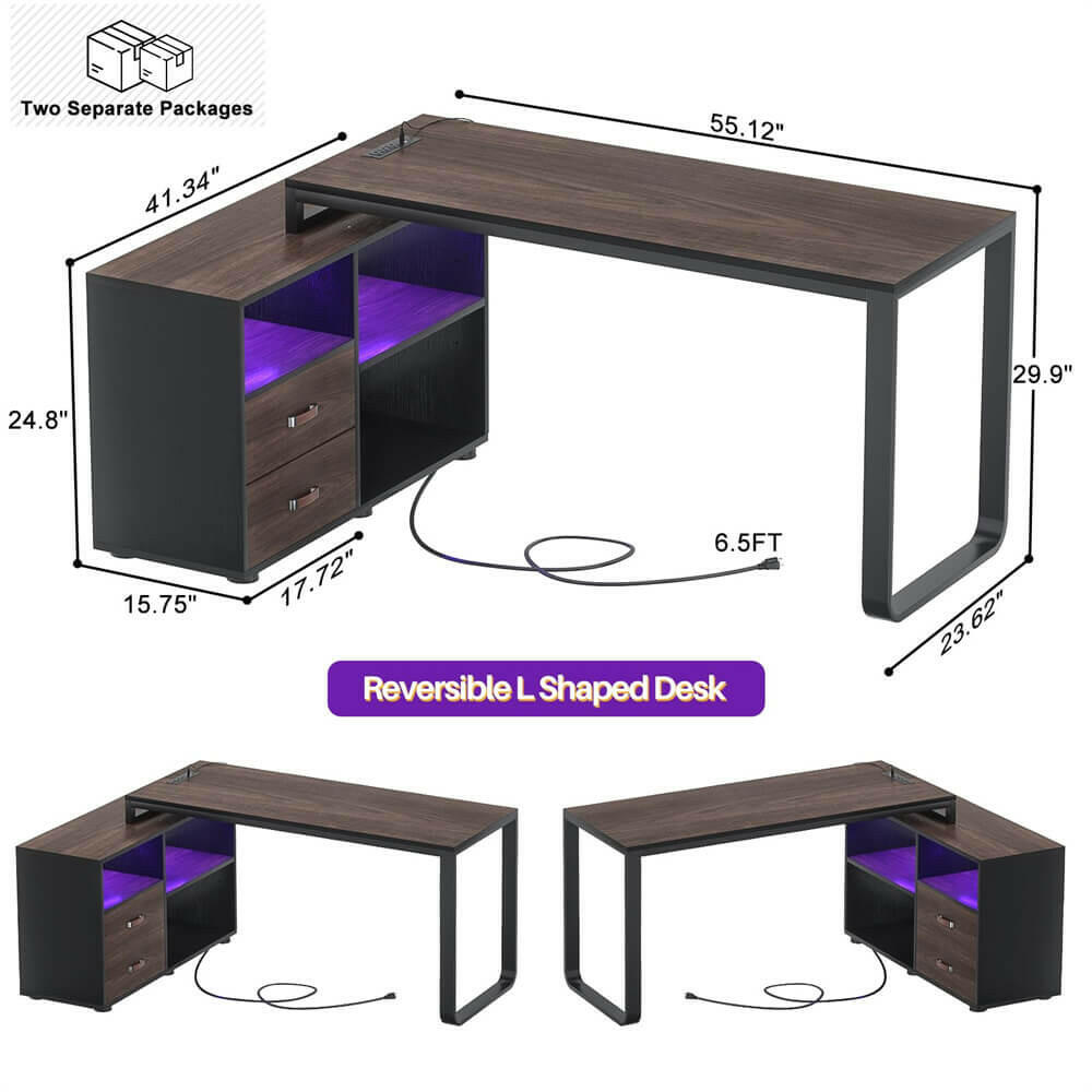 Unikito L Shaped Desk with File Cabinet & Power Outlet, Reversible 55 Inch Large Corner Computer Desks with LED Strip, L-Shaped Computer Desk with Drawers and Storage Shelves