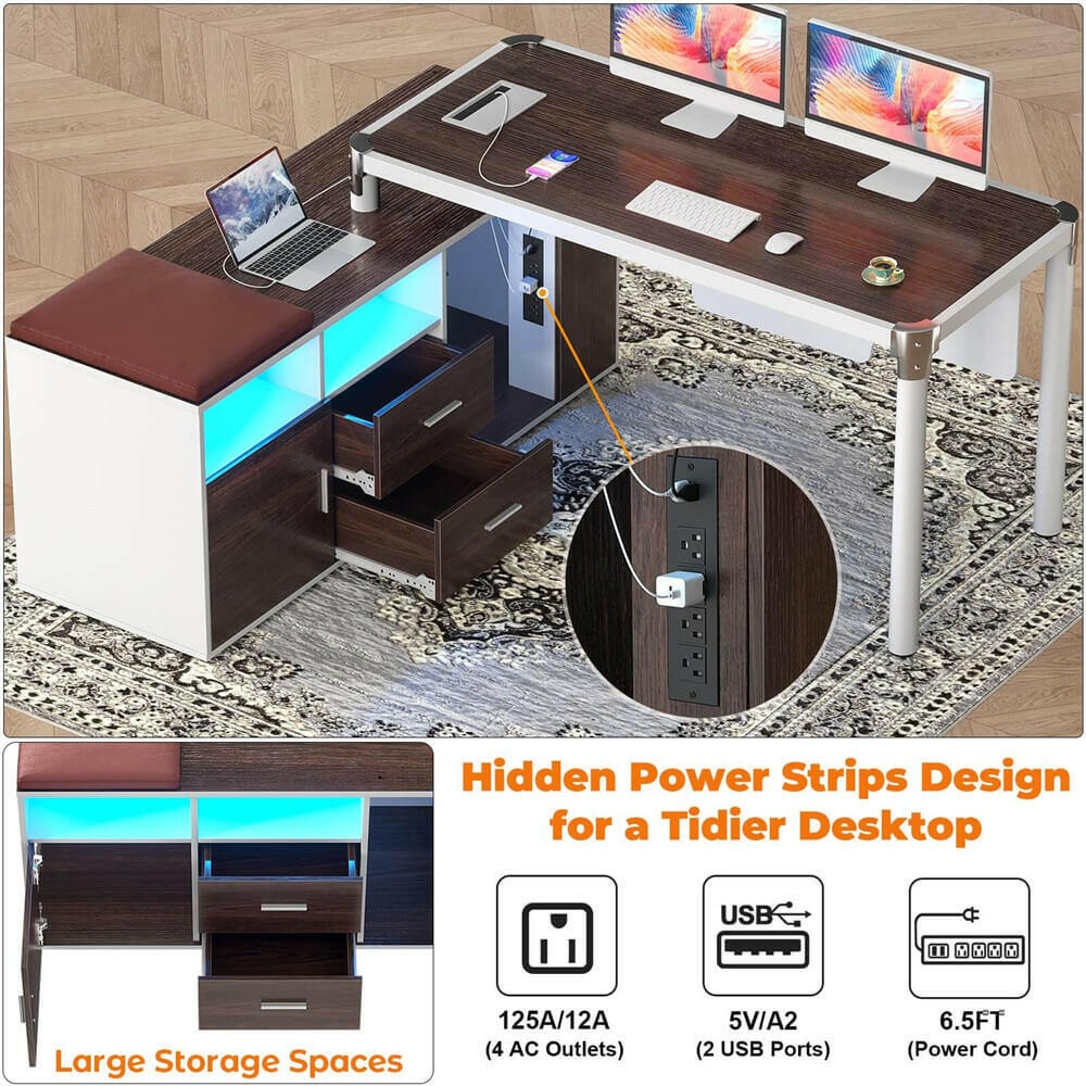 Unikito L Shaped Desk with File Cabinet and Power Strip, Reversible Corner Office Desk with LED Lights, Large L-Shaped Computer Desk with Drawer and Storage for Home Office, Soft Cushion