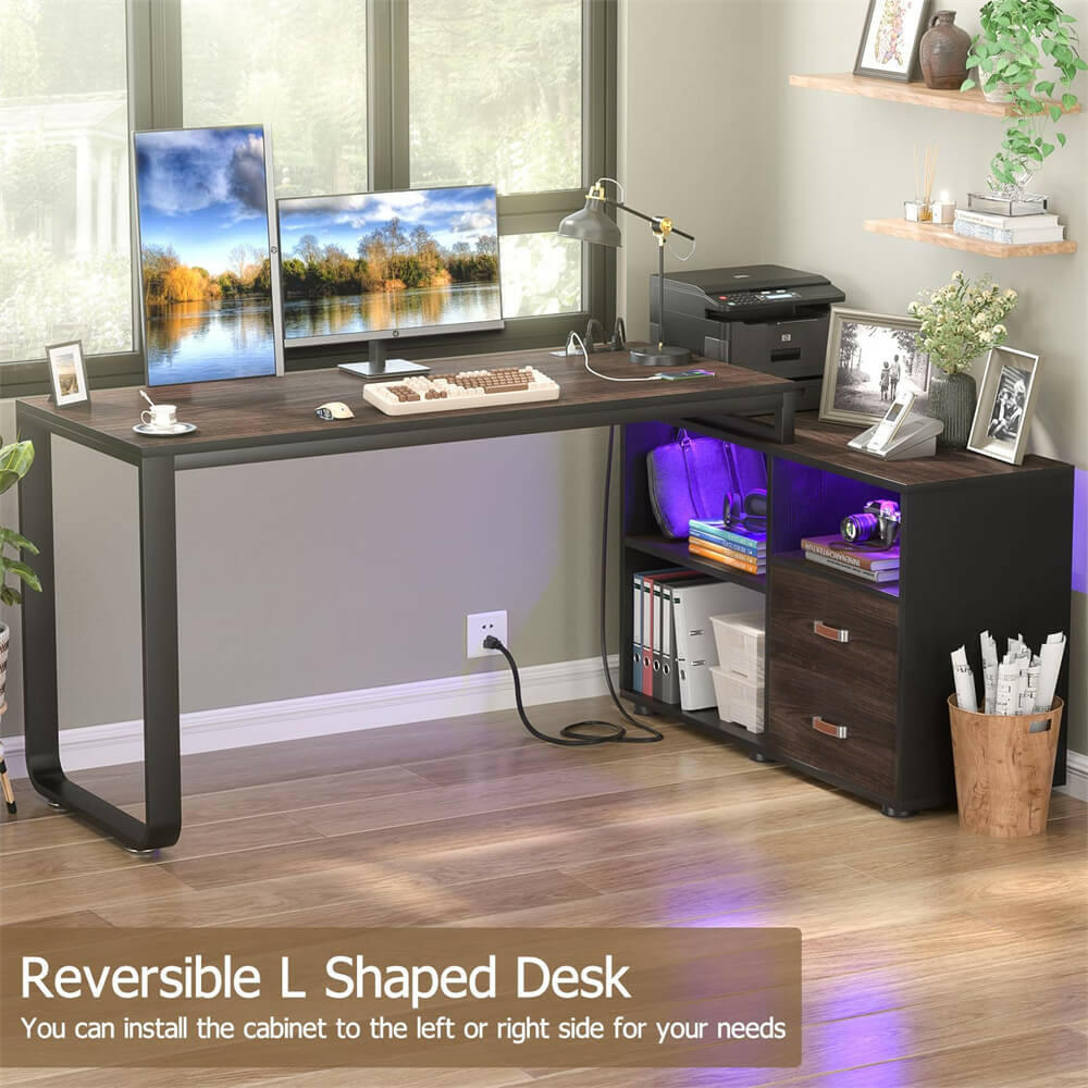 Unikito L Shaped Desk with File Cabinet & Power Outlet, Reversible 55 Inch Large Corner Computer Desks with LED Strip, L-Shaped Computer Desk with Drawers and Storage Shelves