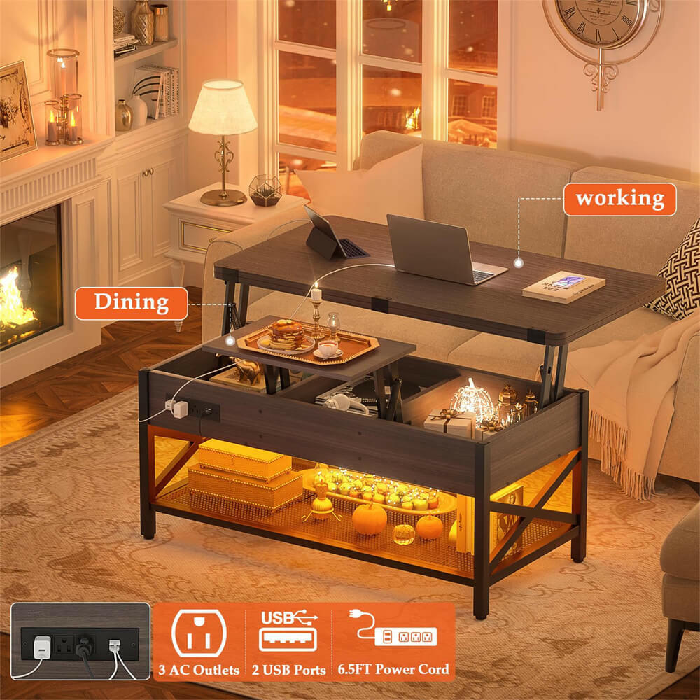 Lift Top Coffee Table, with Storage, LED Lights, and Power Outlets, for Living Room
