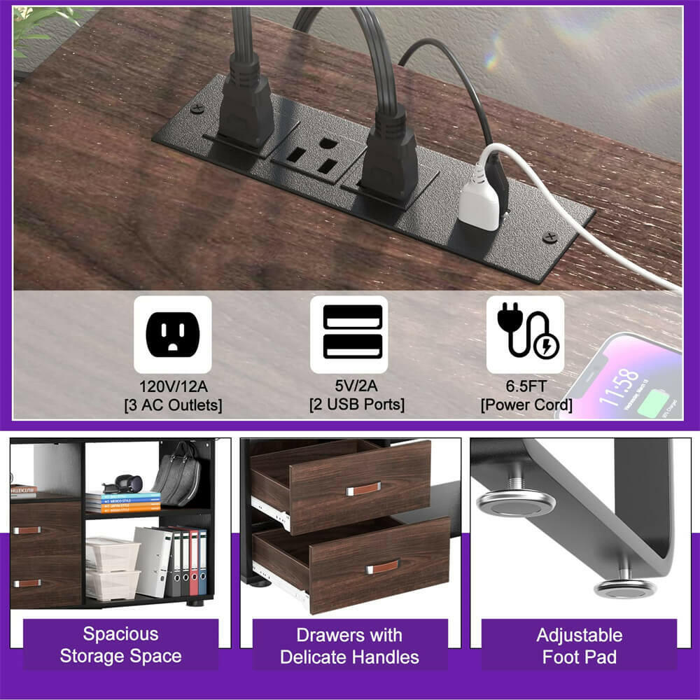 Unikito L Shaped Desk with File Cabinet & Power Outlet, Reversible 55 Inch Large Corner Computer Desks with LED Strip, L-Shaped Computer Desk with Drawers and Storage Shelves