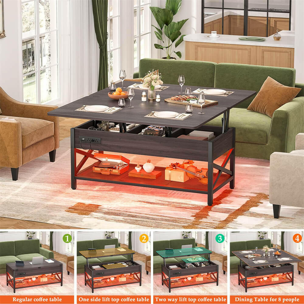 Lift Top Coffee Table, with Storage, LED Lights, and Power Outlets, for Living Room