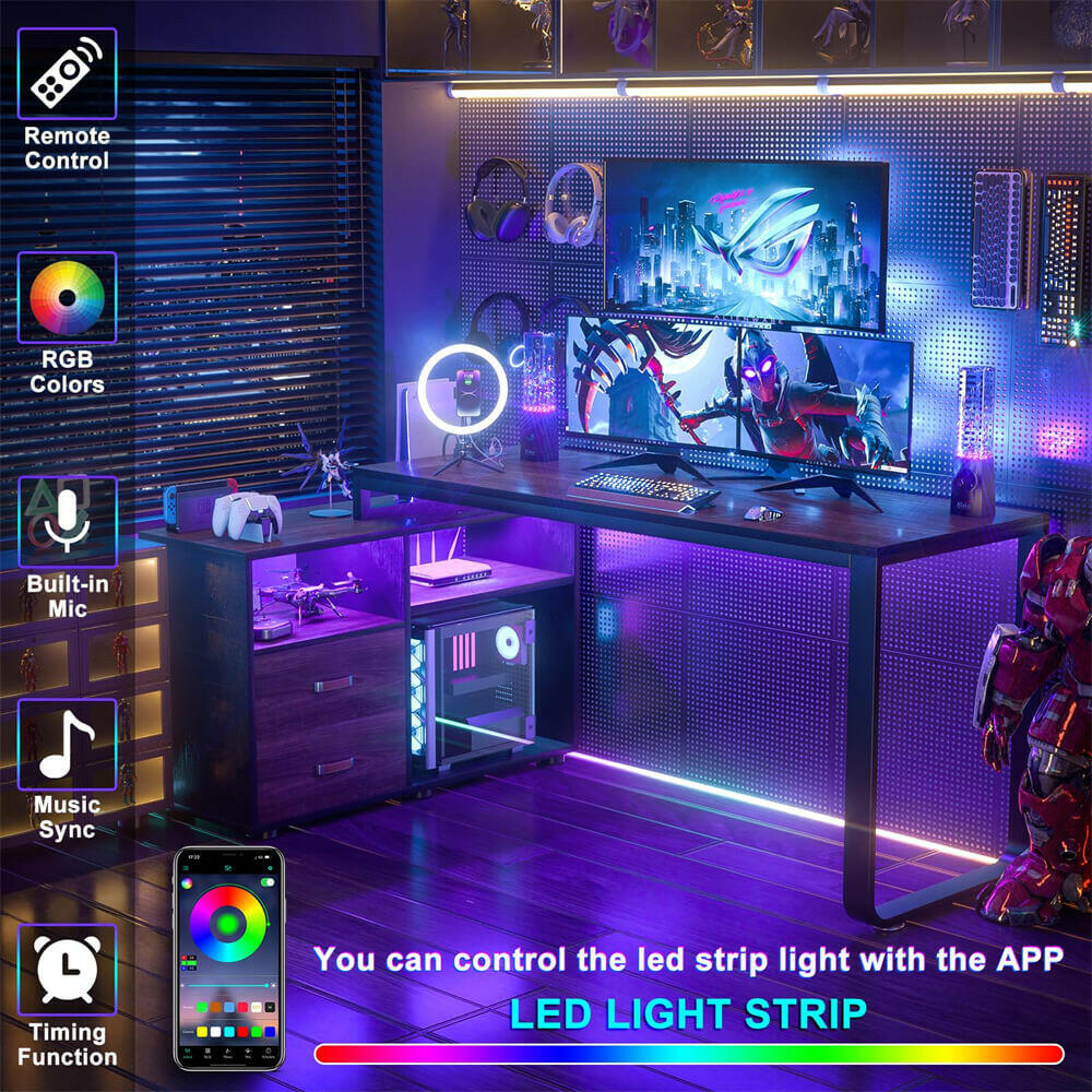 Unikito L Shaped Desk with File Cabinet & Power Outlet, Reversible 55 Inch Large Corner Computer Desks with LED Strip, L-Shaped Computer Desk with Drawers and Storage Shelves