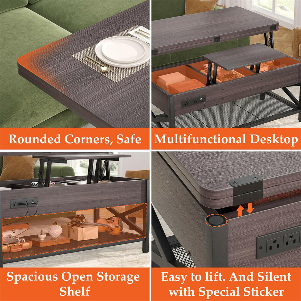 Lift Top Coffee Table, with Storage, LED Lights, and Power Outlets, for Living Room