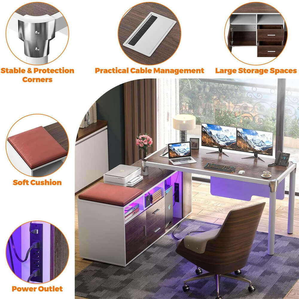 Unikito L Shaped Desk with File Cabinet and Power Strip, Reversible Corner Office Desk with LED Lights, Large L-Shaped Computer Desk with Drawer and Storage for Home Office, Soft Cushion