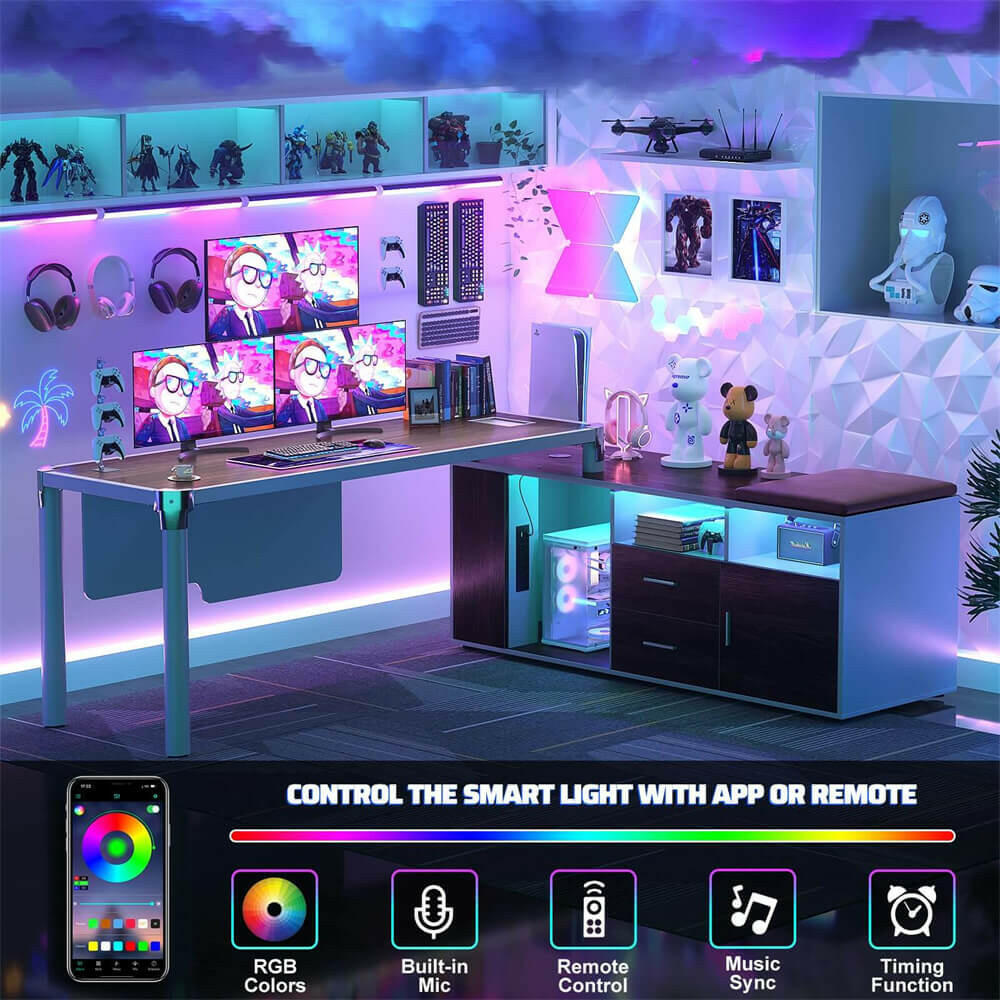 Unikito L Shaped Desk with File Cabinet and Power Strip, Reversible Corner Office Desk with LED Lights, Large L-Shaped Computer Desk with Drawer and Storage for Home Office, Soft Cushion