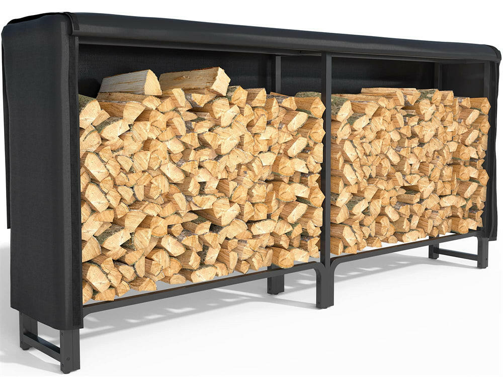 Unikito 8ft Firewood Rack Outdoor with Cover Combo Set Waterproof, Heavy Duty Steel Stack Organizer, Black