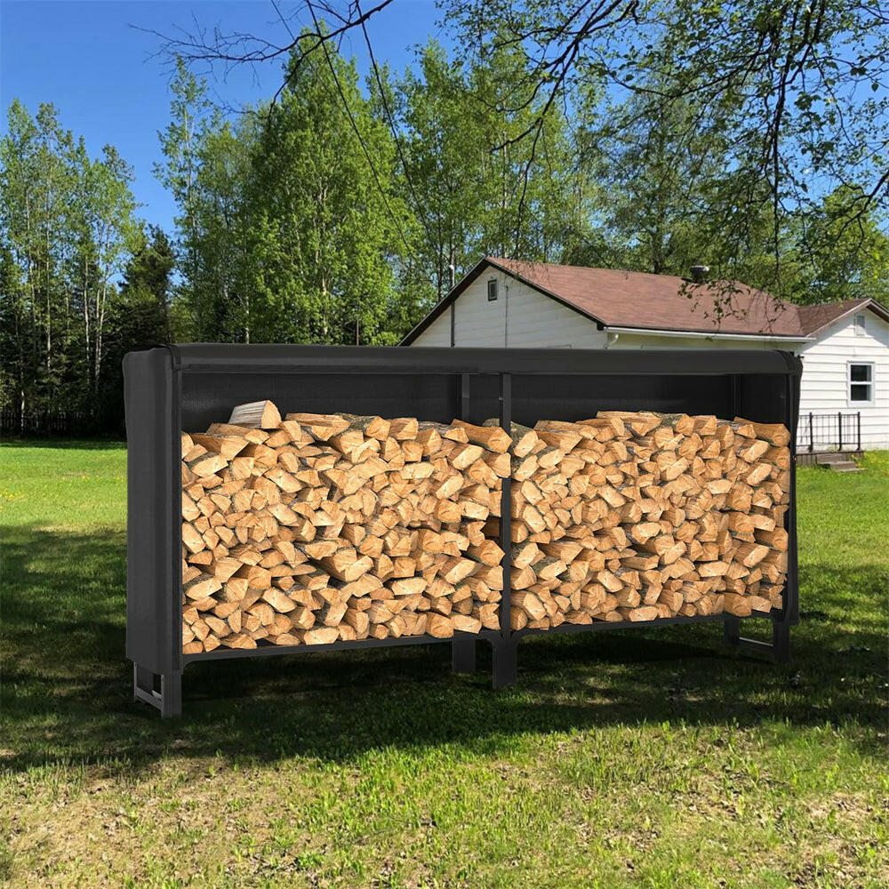 Unikito 8ft Firewood Rack Outdoor with Cover Combo Set Waterproof, Heavy Duty Steel Stack Organizer, Black