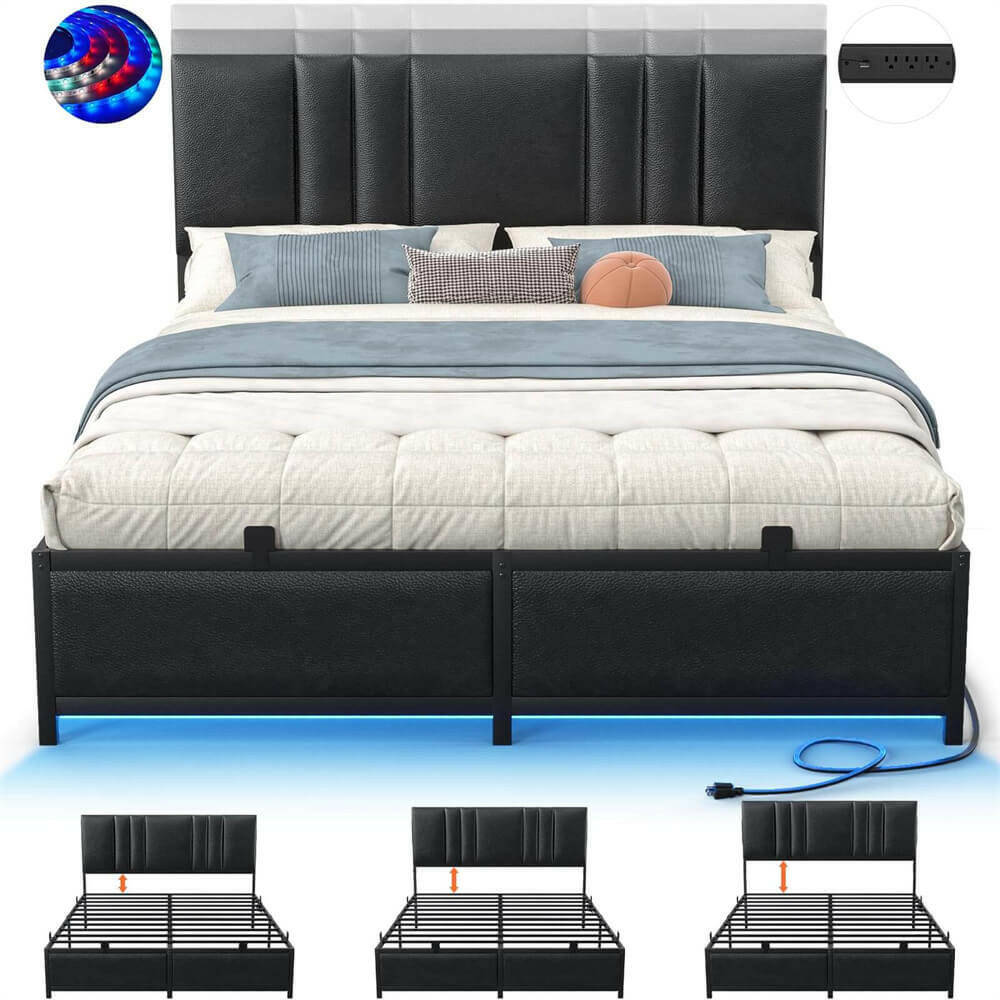 Unikito Black Metal Bed Frame with 3 Height Adjustable Headboard, Upholstered Leather Platform Bed with LED Light & Charging Station, Stable Metal Frame Support, No Box Spring Needed, Noise Free