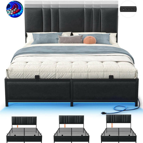 Unikito Black Metal Bed Frame with 3 Height Adjustable Headboard, Upholstered Leather Platform Bed with LED Light & Charging Station, Stable Metal Frame Support, No Box Spring Needed, Noise Free
