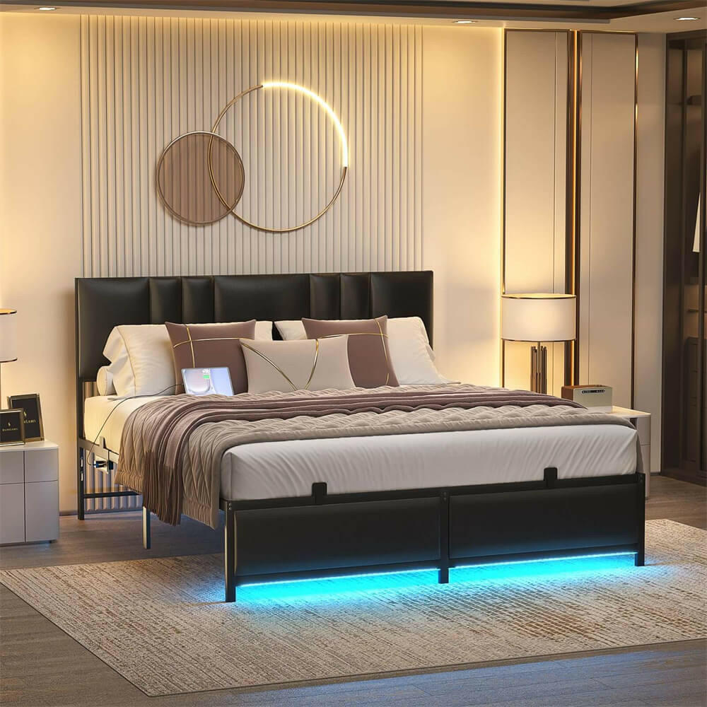 Unikito Black Metal Bed Frame with 3 Height Adjustable Headboard, Upholstered Leather Platform Bed with LED Light & Charging Station, Stable Metal Frame Support, No Box Spring Needed, Noise Free