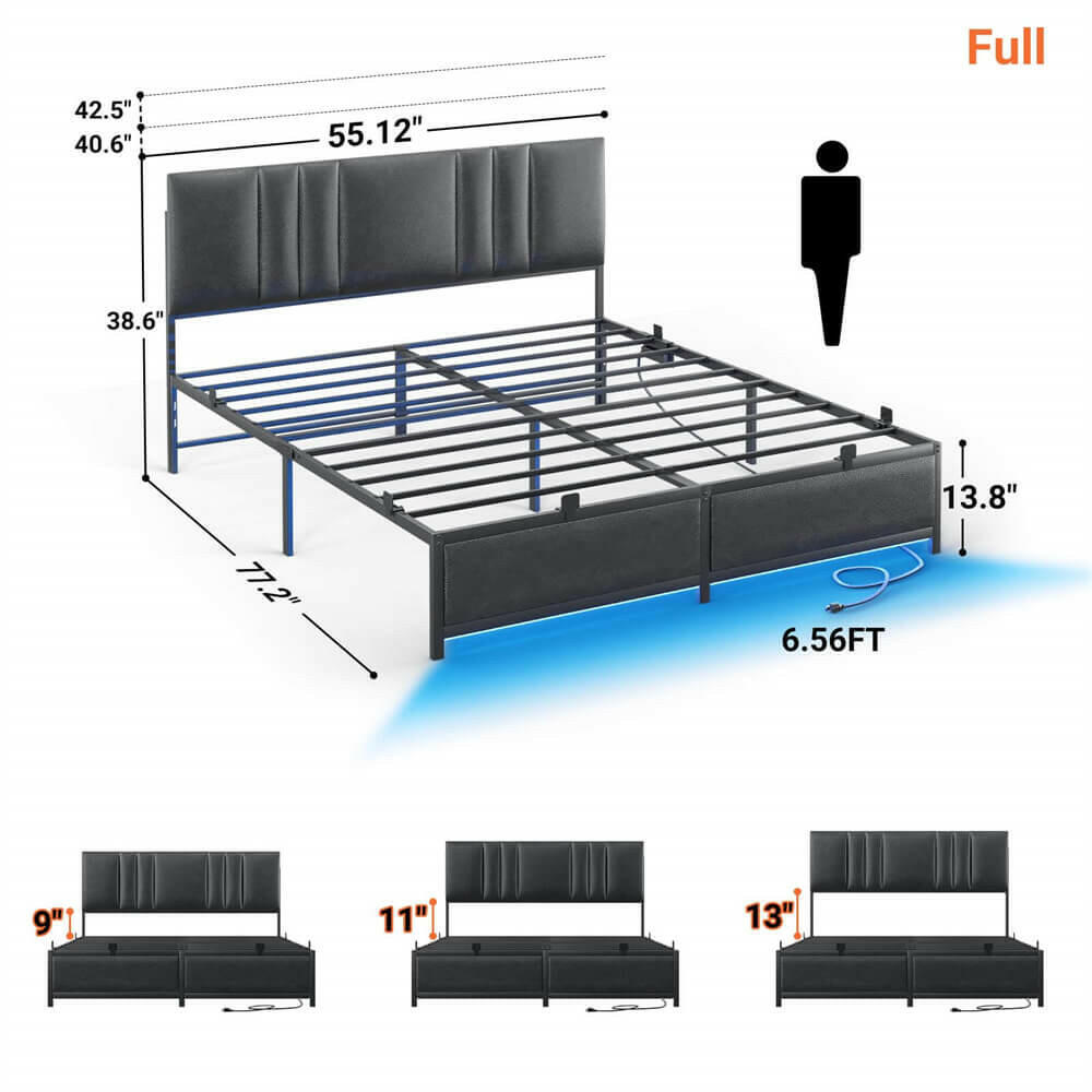 Unikito Black Metal Bed Frame with 3 Height Adjustable Headboard, Upholstered Leather Platform Bed with LED Light & Charging Station, Stable Metal Frame Support, No Box Spring Needed, Noise Free