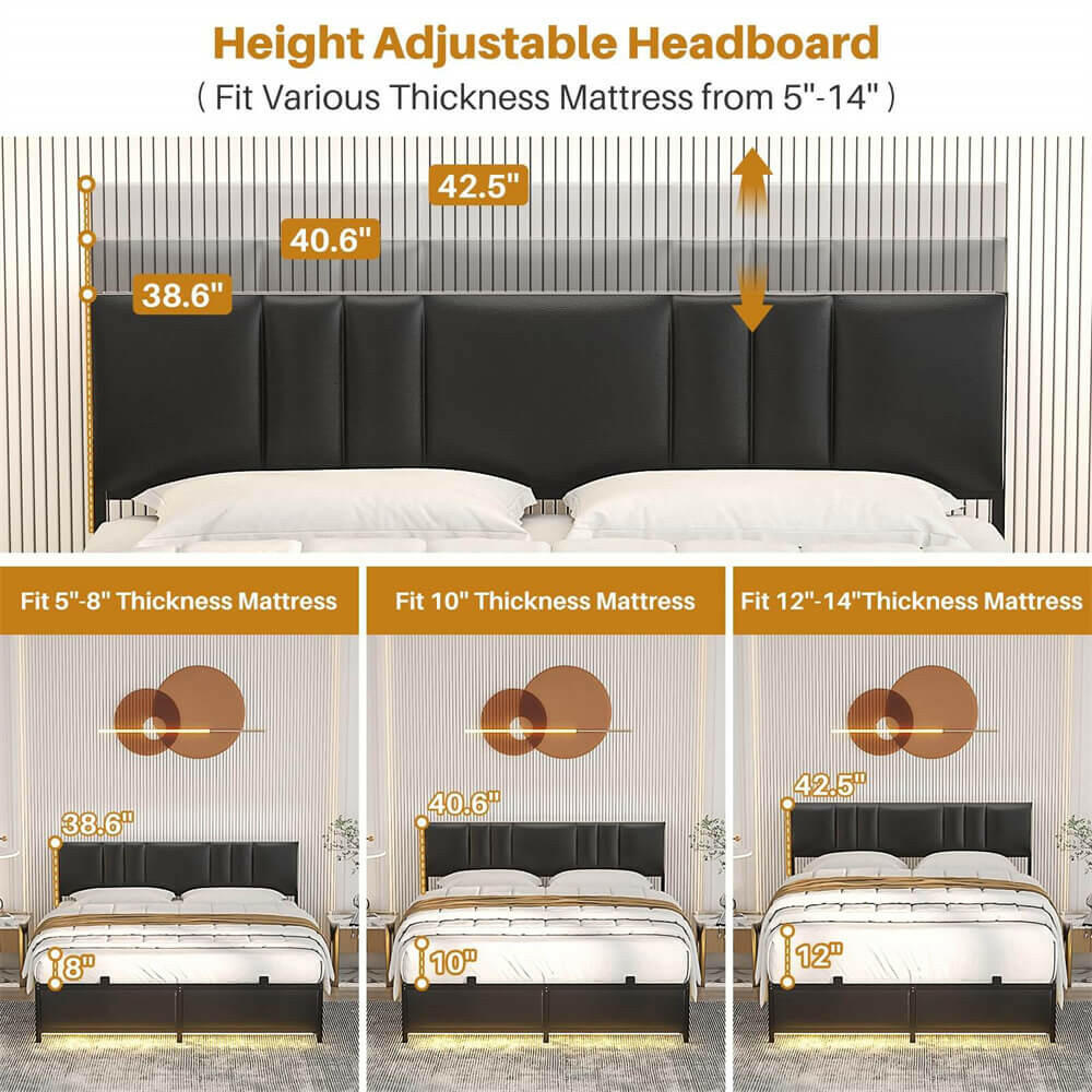 Unikito Black Metal Bed Frame with 3 Height Adjustable Headboard, Upholstered Leather Platform Bed with LED Light & Charging Station, Stable Metal Frame Support, No Box Spring Needed, Noise Free