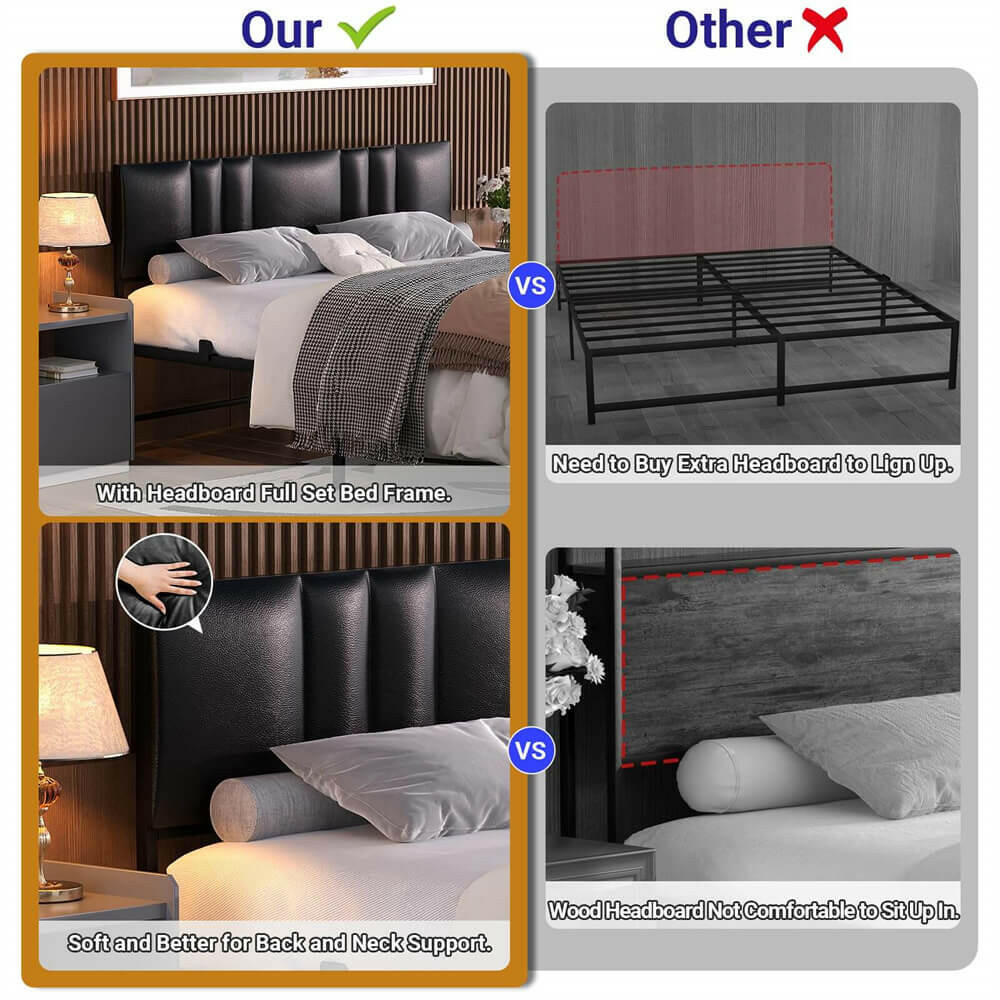 Unikito Black Metal Bed Frame with 3 Height Adjustable Headboard, Upholstered Leather Platform Bed with LED Light & Charging Station, Stable Metal Frame Support, No Box Spring Needed, Noise Free