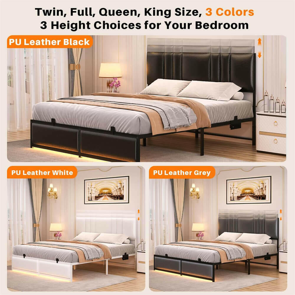 Unikito Black Metal Bed Frame with 3 Height Adjustable Headboard, Upholstered Leather Platform Bed with LED Light & Charging Station, Stable Metal Frame Support, No Box Spring Needed, Noise Free