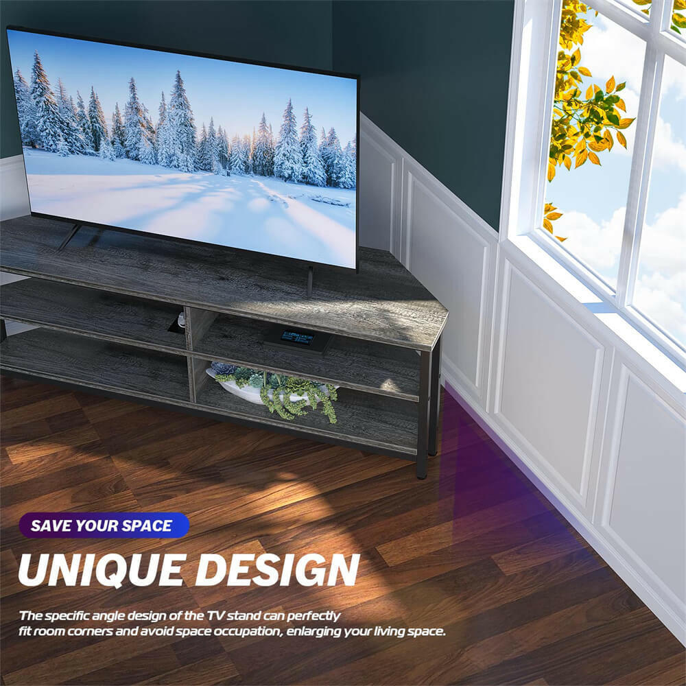 Unikito 55'' Corner TV Stand with Power Outlet, Corner Entertainment Center TV Console Table with 4 Open Storage Shelves, Metal Frame for Living Room, Bedroom, Industrial 60'' Corner TV Stand