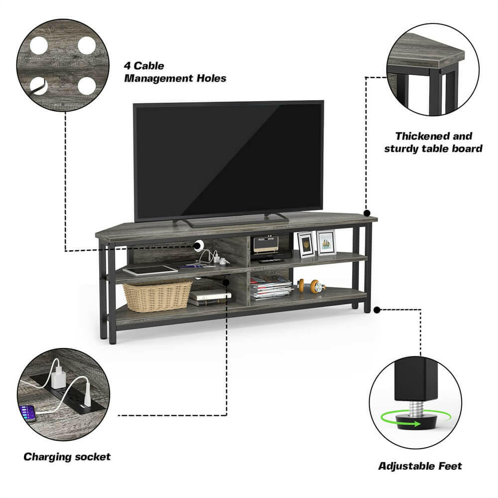 Unikito 55'' Corner TV Stand with Power Outlet, Corner Entertainment Center TV Console Table with 4 Open Storage Shelves, Metal Frame for Living Room, Bedroom, Industrial 60'' Corner TV Stand