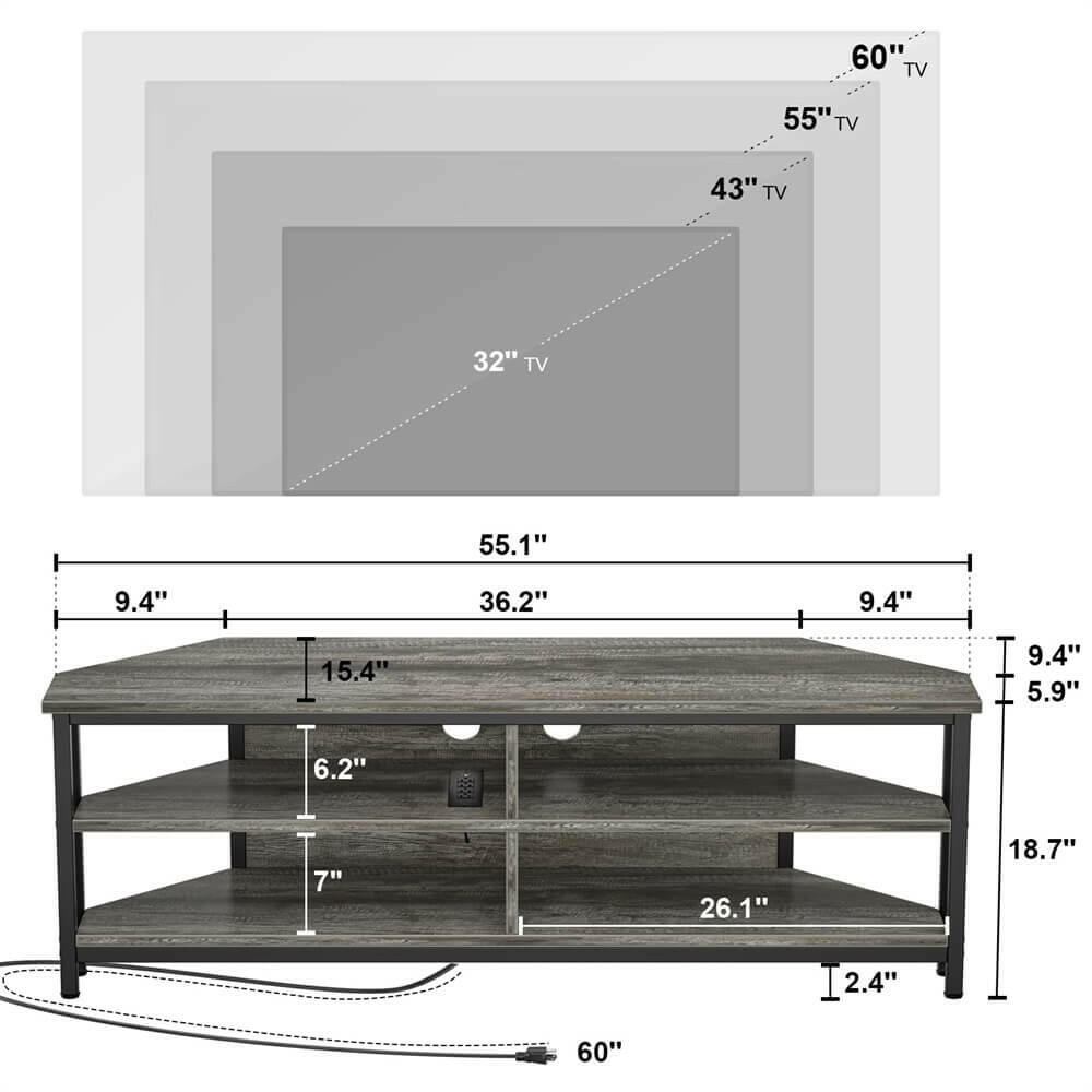 Unikito 55'' Corner TV Stand with Power Outlet, Corner Entertainment Center TV Console Table with 4 Open Storage Shelves, Metal Frame for Living Room, Bedroom, Industrial 60'' Corner TV Stand