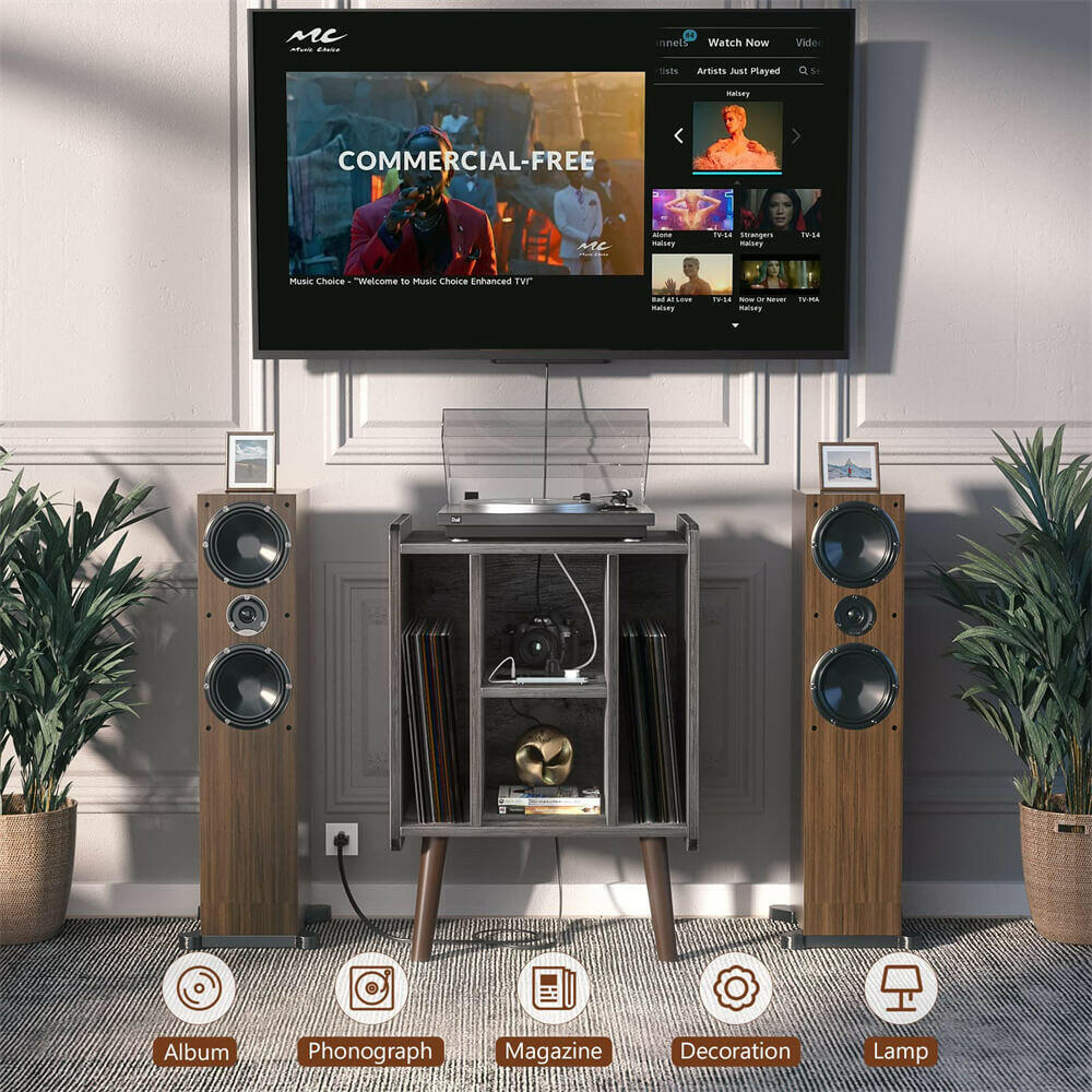 Unikito Record Player Stand, Vinyl Turntable Stand with Power Outlet and USB Charging Port, Record Display Table with Storage, Audio Rack, Turntable Nightstand for Bedroom, Living Room