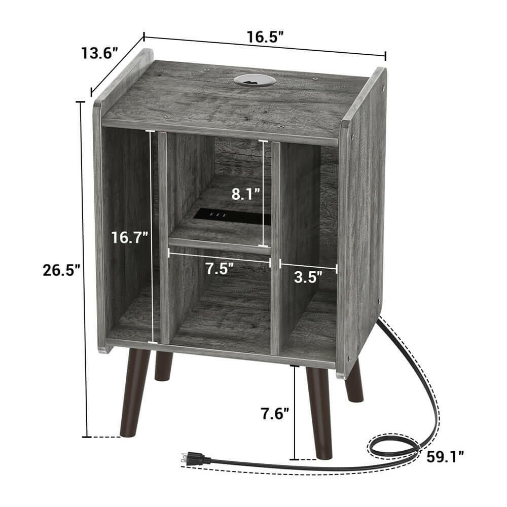 Unikito Record Player Stand, Vinyl Turntable Stand with Power Outlet and USB Charging Port, Record Display Table with Storage, Audio Rack, Turntable Nightstand for Bedroom, Living Room