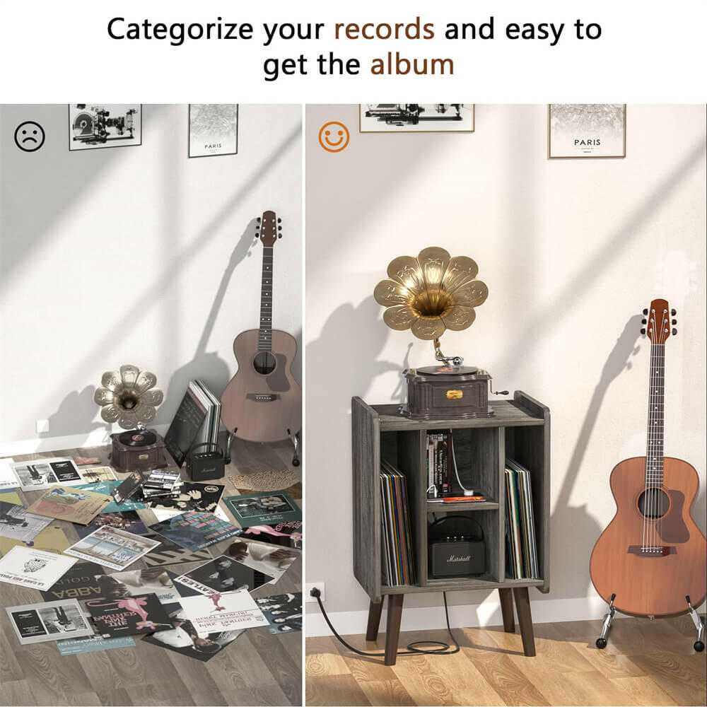 Unikito Record Player Stand, Vinyl Turntable Stand with Power Outlet and USB Charging Port, Record Display Table with Storage, Audio Rack, Turntable Nightstand for Bedroom, Living Room